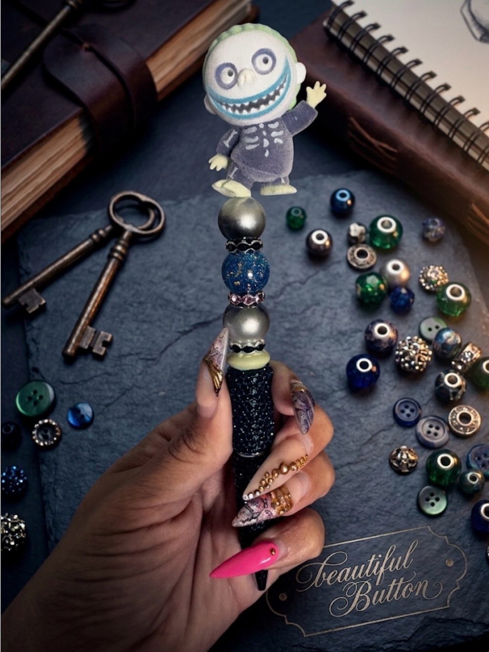 custom pen Cute Skeleton Character Bead Pen - Green, Blue, Silver